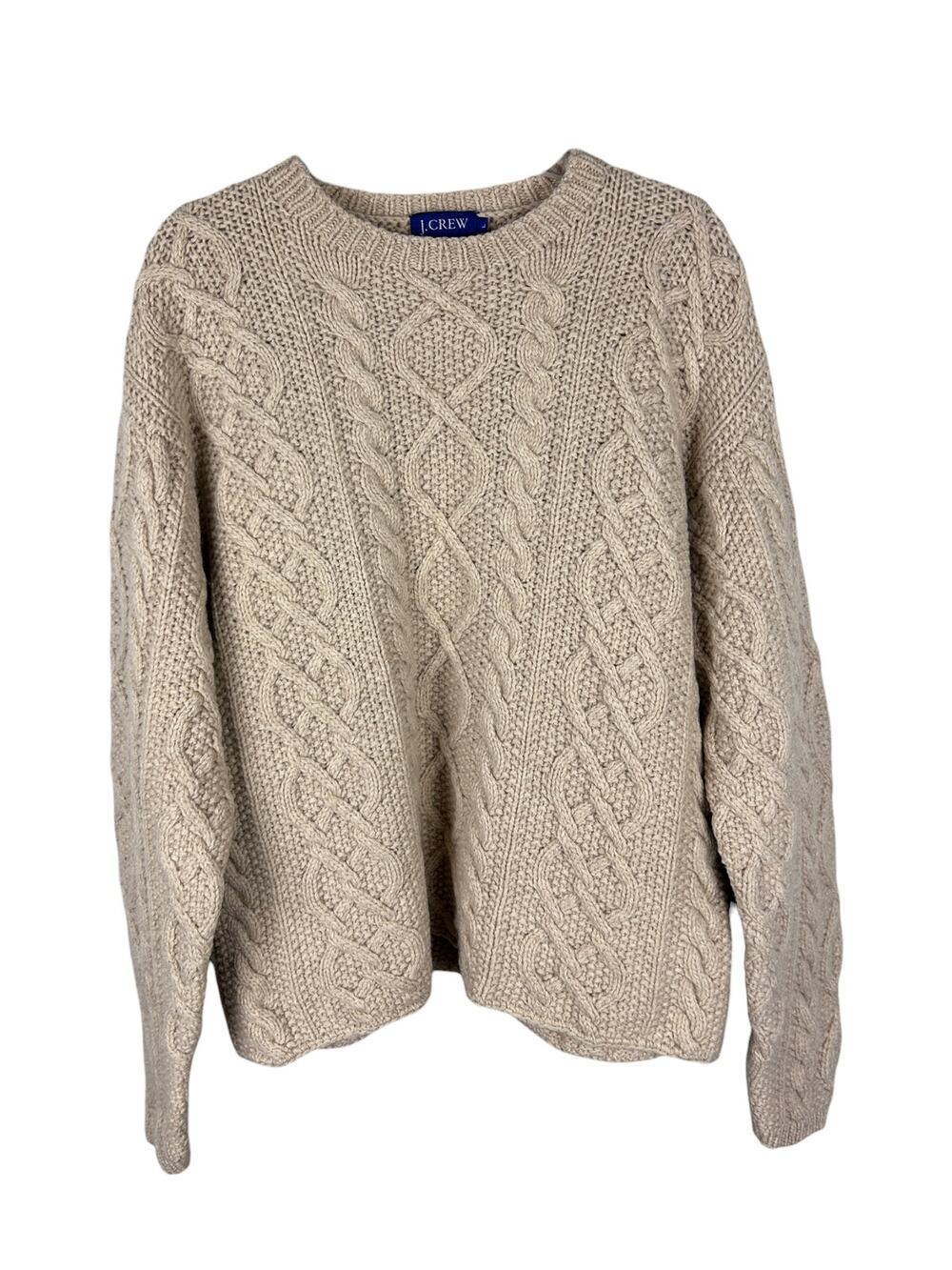 J. Crew Vintage 2000s Cream Wool Long Sleeve Fisherman Knit Crewneck Sweater L